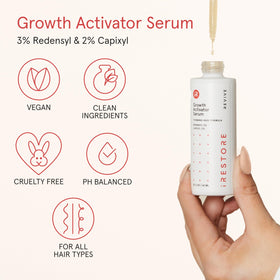 iRestore Scalp Serum ginseng and peptides visual illustrating root-to-tip strengthening.