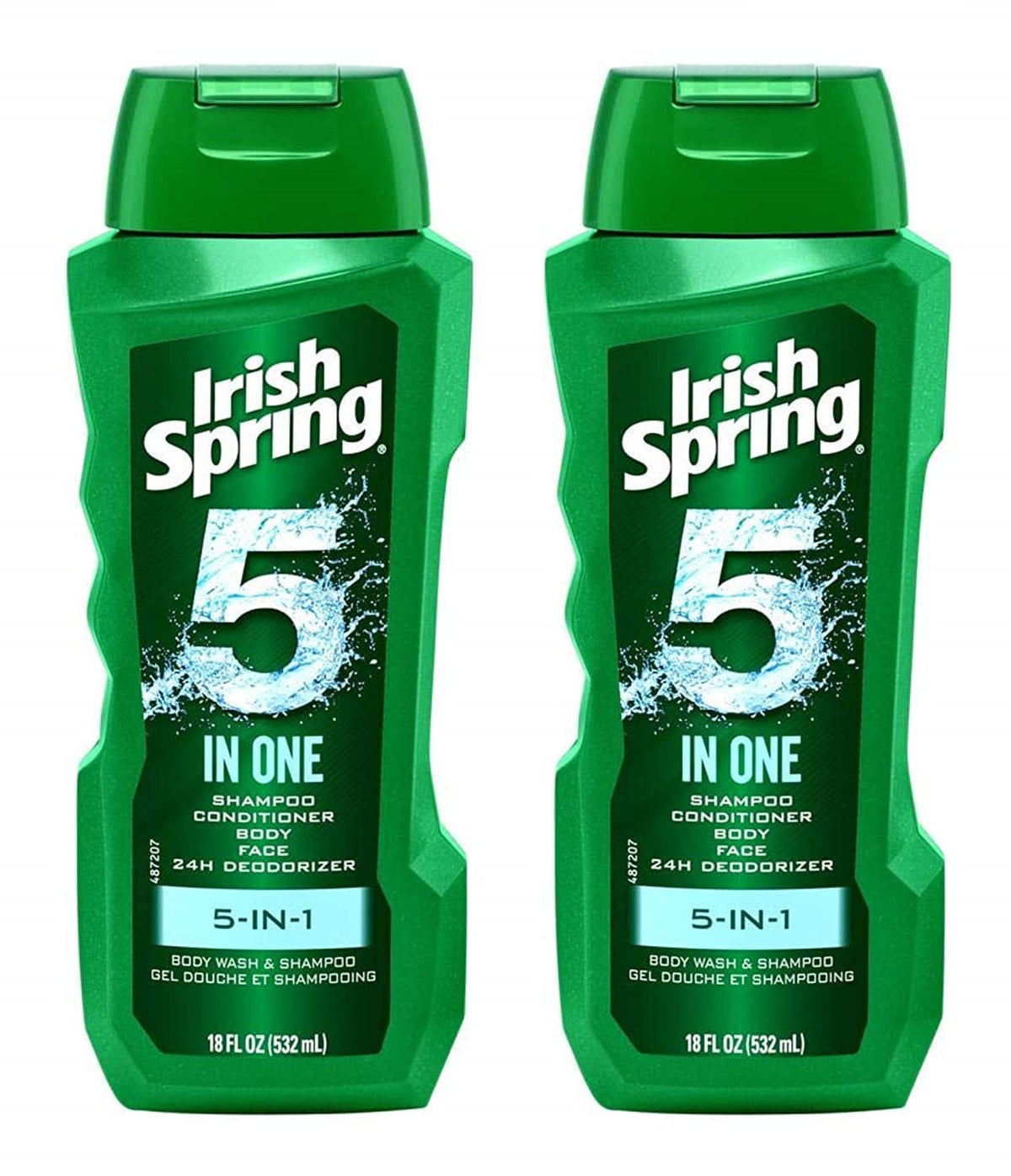 Irish Spring 5-in-1 bottle front view showing an all-in-one wash for hair, face and body