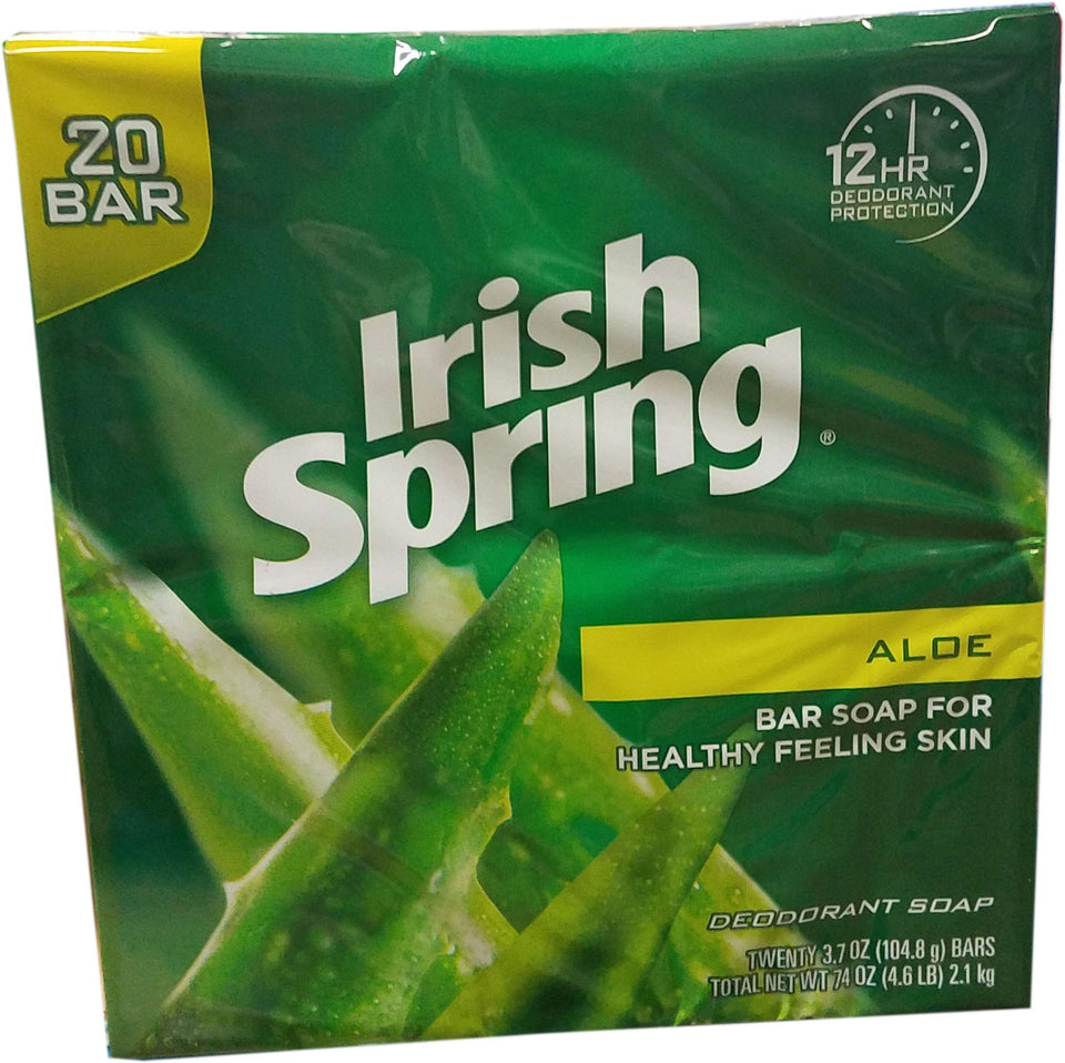 Irish Spring Aloe bar soap packaging shows refreshing aloe scent for daily cleansing and freshness.