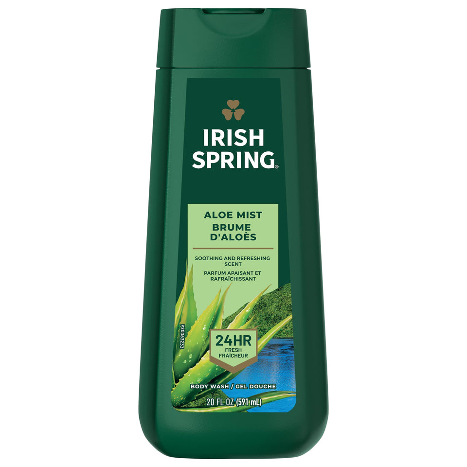 Irish Spring Aloe Mist body wash four-pack bottles on display for daily freshness