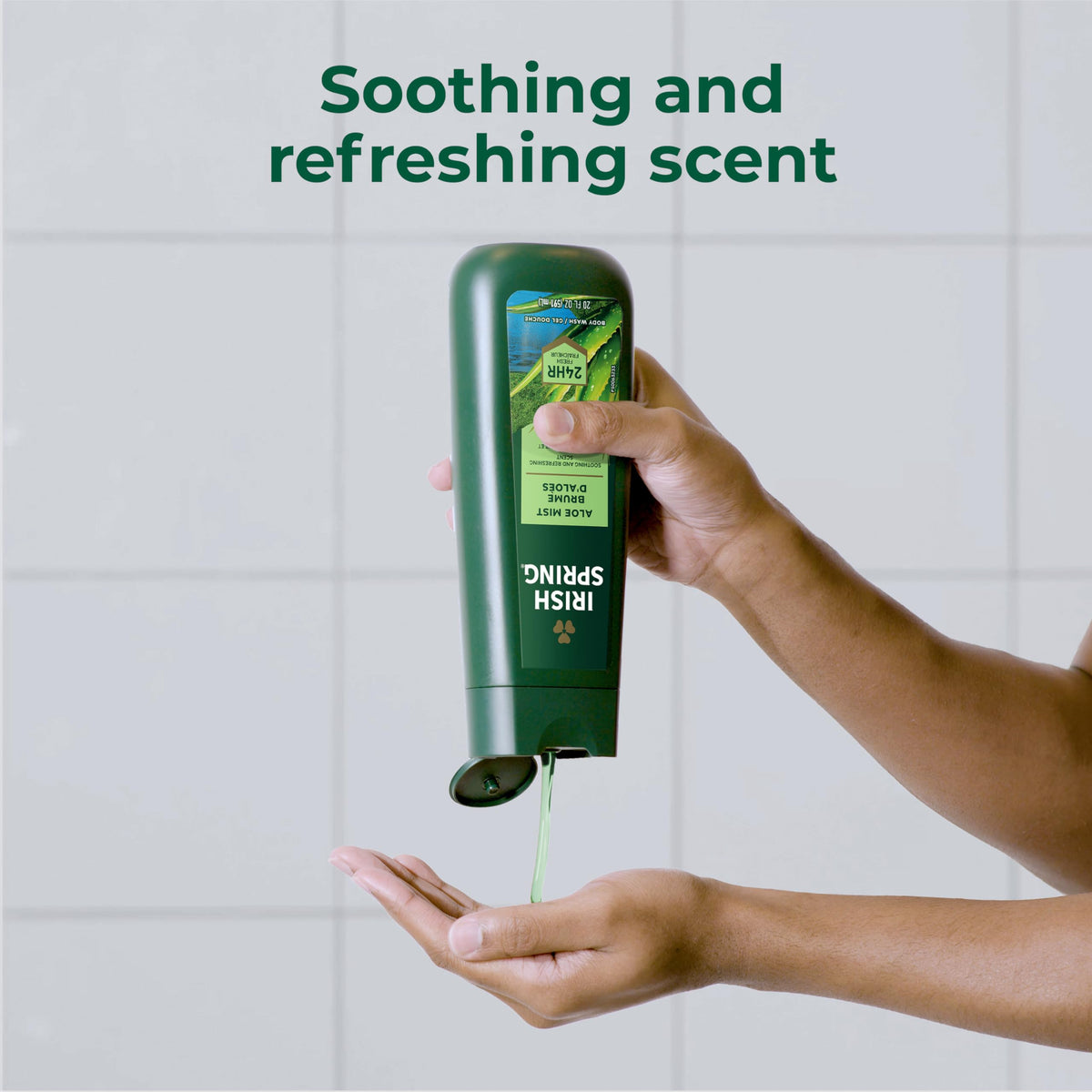Hero shot of Irish Spring Aloe Mist with outdoors vibe and crisp branding