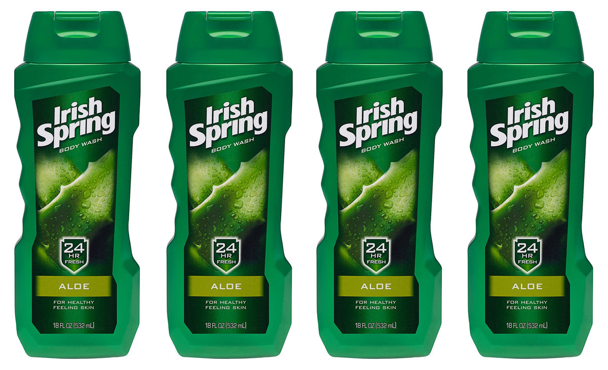 Irish Spring Aloe Vera body wash four-pack hero bottle for daily freshness and skin hydration.