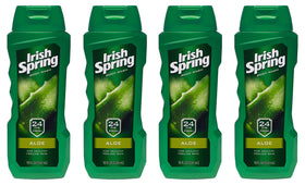 Irish Spring Aloe Vera body wash four-pack hero bottle for daily freshness and skin hydration.