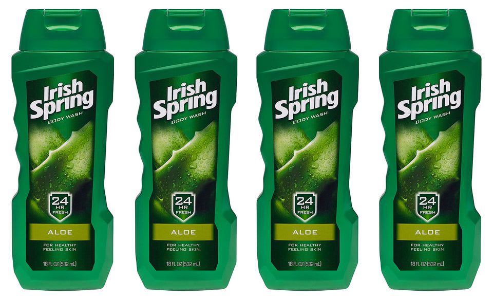 Irish Spring Aloe Vera body wash four-pack hero bottle for daily freshness and skin hydration.