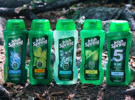 Irish Spring Body wash in a bathroom setting ready for quick post-workout rinse