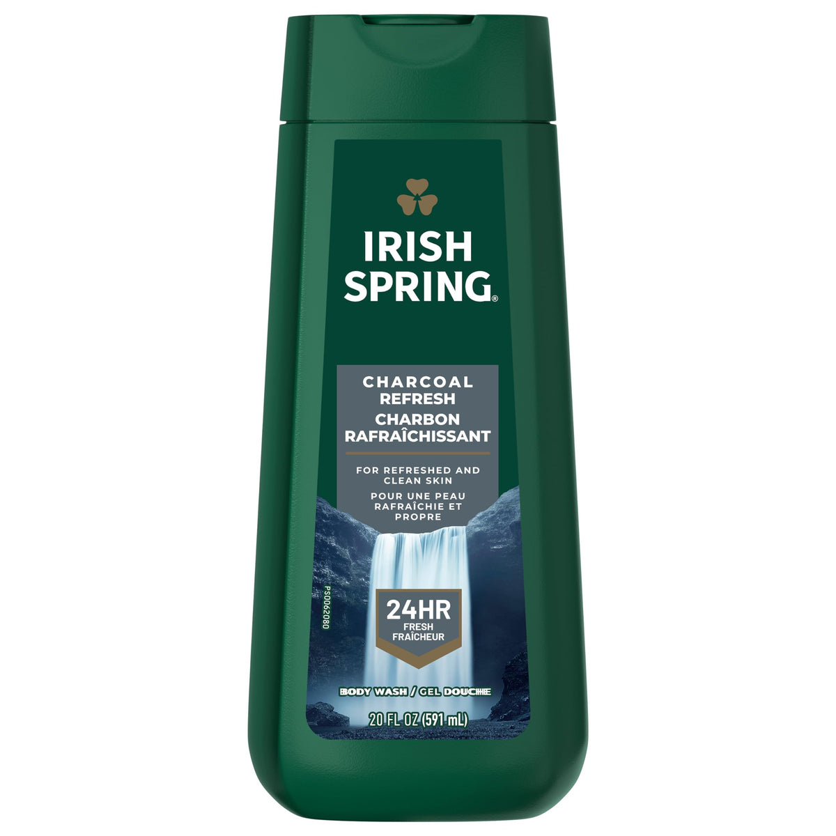 Irish Spring Charcoal Refresh bottle on shower shelf promotes long-lasting freshness.