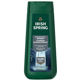 Irish Spring Charcoal Refresh bottle on shower shelf promotes long-lasting freshness.