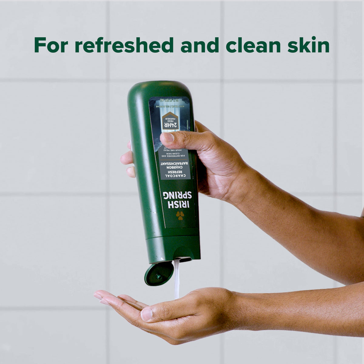 Irish Spring Charcoal Refresh bottle in shower setup for daily refresh.