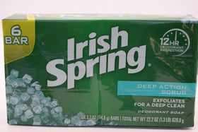 Irish Spring Deep Action Scrub Bar Soap shown with active scrub texture for refreshing cleanse.