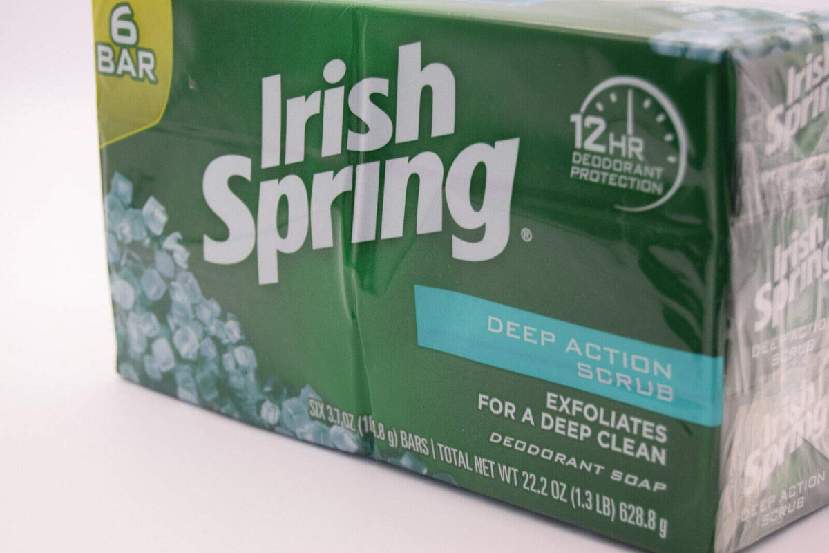 Close-up of Irish Spring Deep Action Scrub Bar Soap texture highlighting exfoliating bits.
