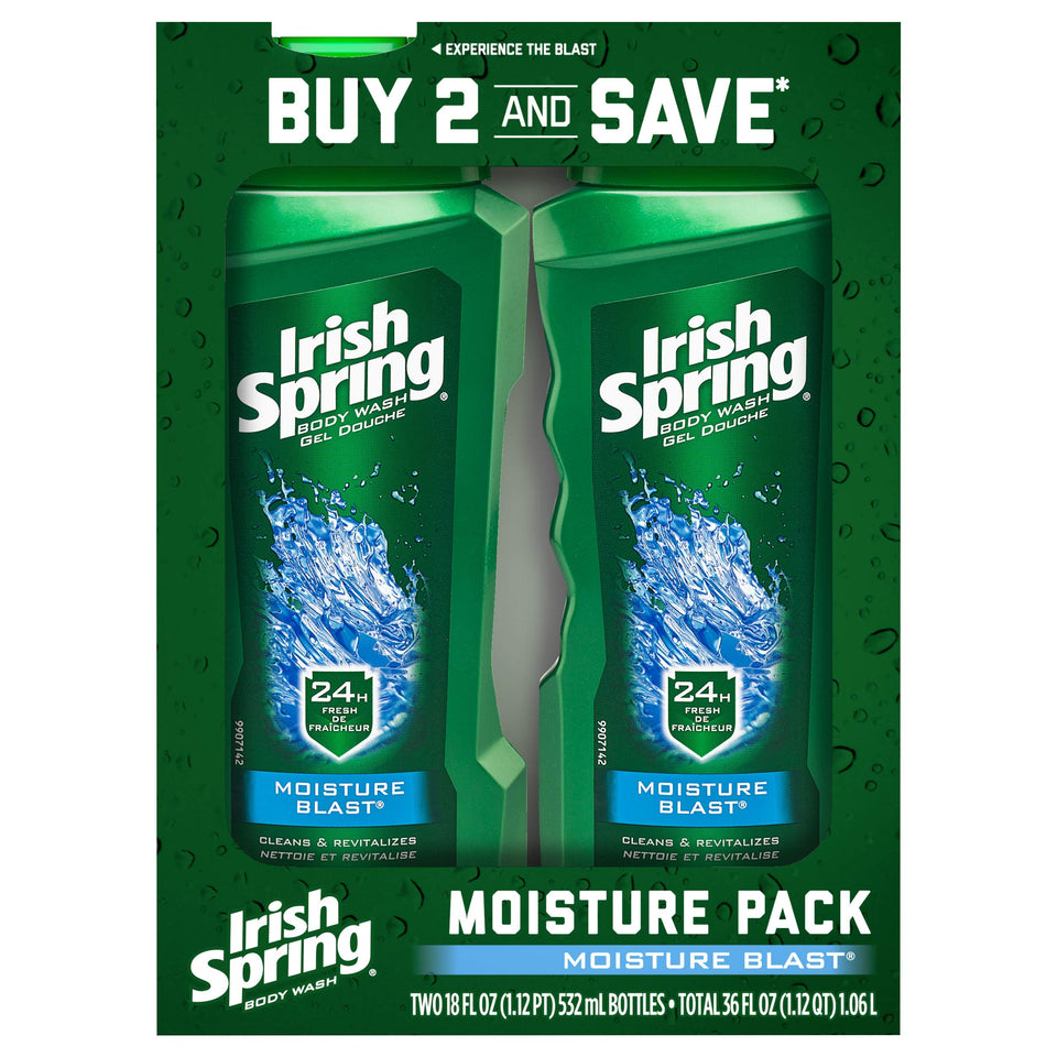 Irish Spring Moisturizing Men's Body Wash bottle front showing a hydrating cleanse for daily freshness