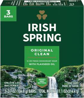 Irish Spring Original deodorant bar soap close-up, showcasing a fresh scent for daily cleansing.