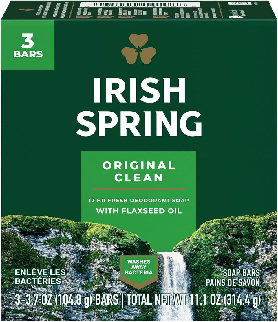 Irish Spring Original deodorant bar soap close-up, showcasing a fresh scent for daily cleansing.