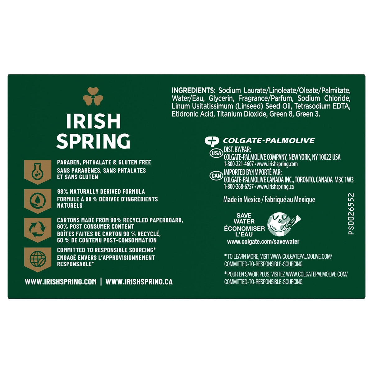 Eight-pack display of Irish Spring Original bars for households.