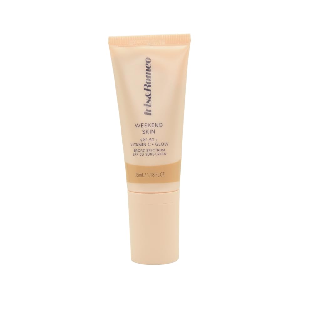 IRIS&ROMEO Weekend Skin SPF 50 bottle with mineral sunscreen for radiant protection