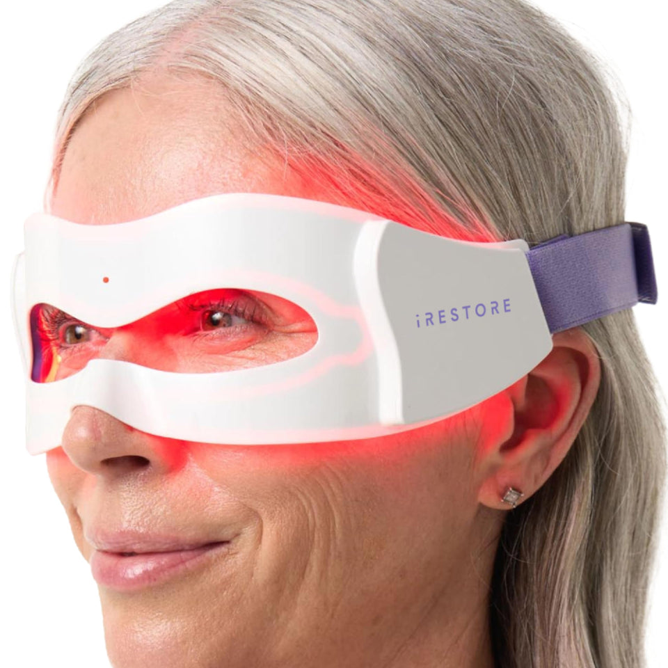 iRestore eye mask with 180 LEDs for targeted light therapy around the eyes.