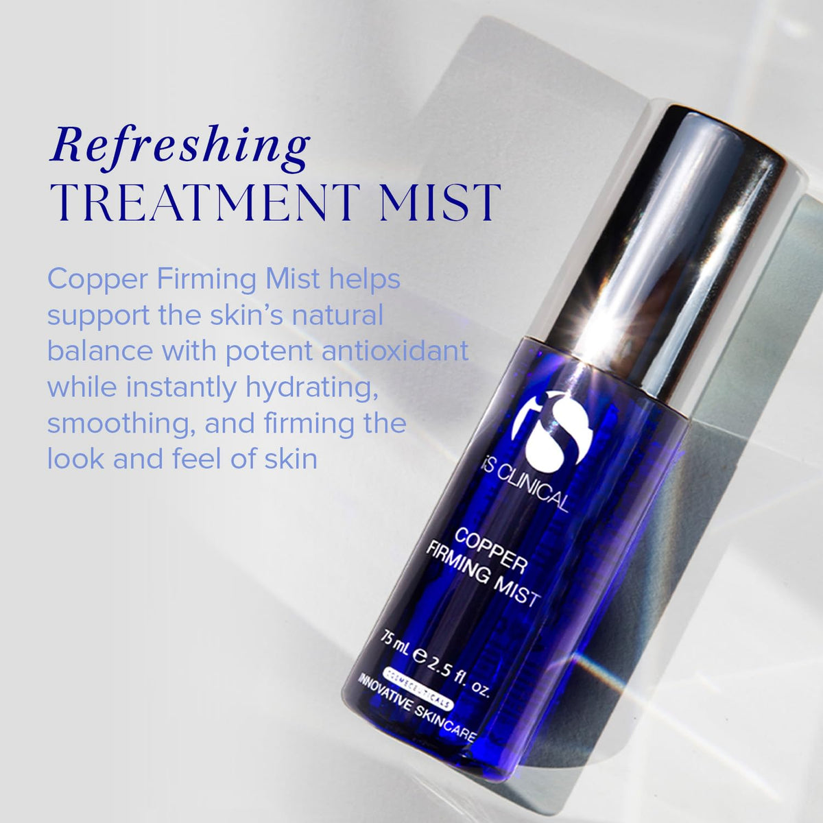 Copper Firming Mist droplets on skin indicate hydrating refreshment.