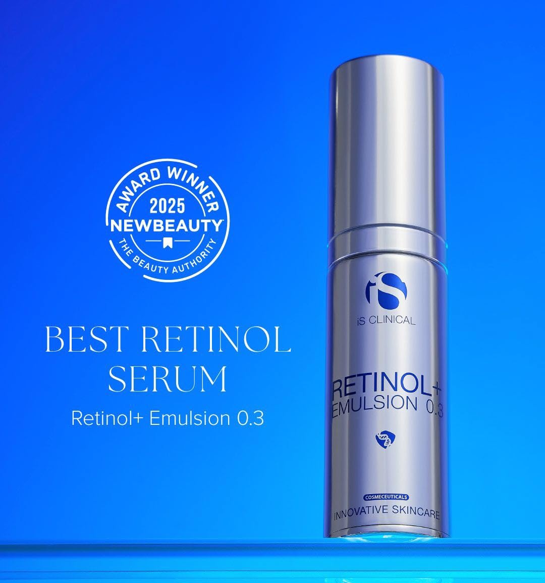 iS CLINICAL Retinol+ Emulsion 0.3 bottle on skin suggesting radiant glow