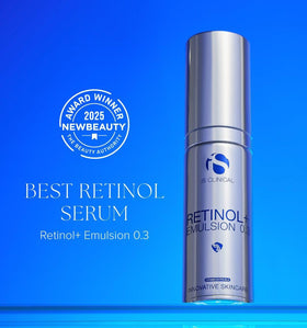 iS CLINICAL Retinol+ Emulsion 0.3 bottle on skin suggesting radiant glow