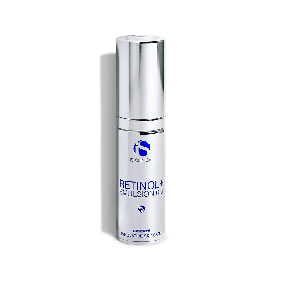 iS CLINICAL Retinol+ Emulsion 0.3 bottle visible, may smooth and even skin tone