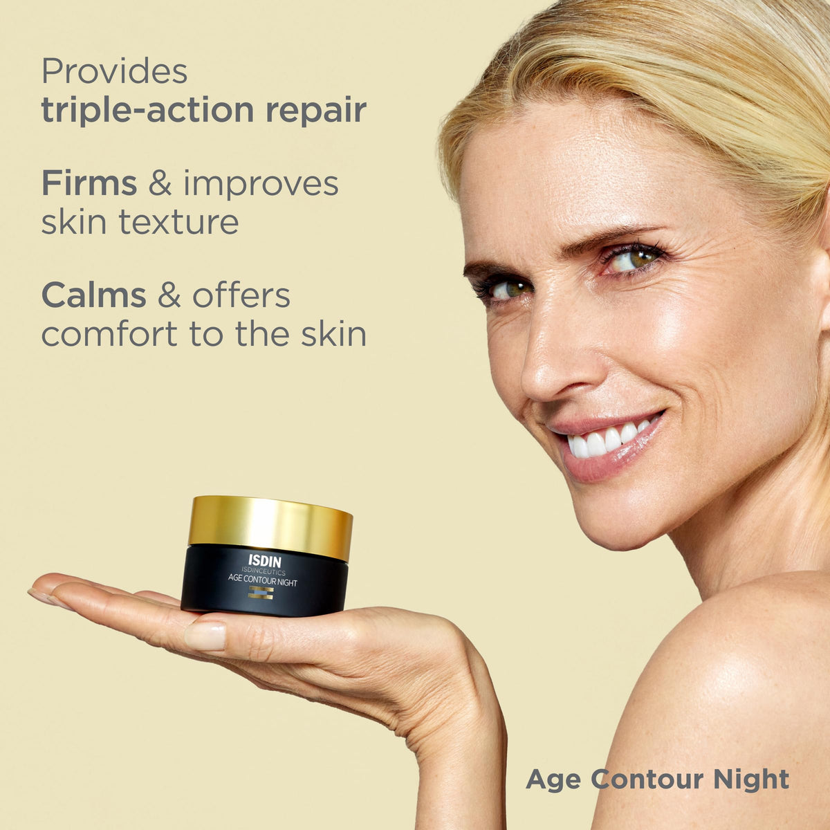 Neck-area application suggests smoothing around the décolletage.