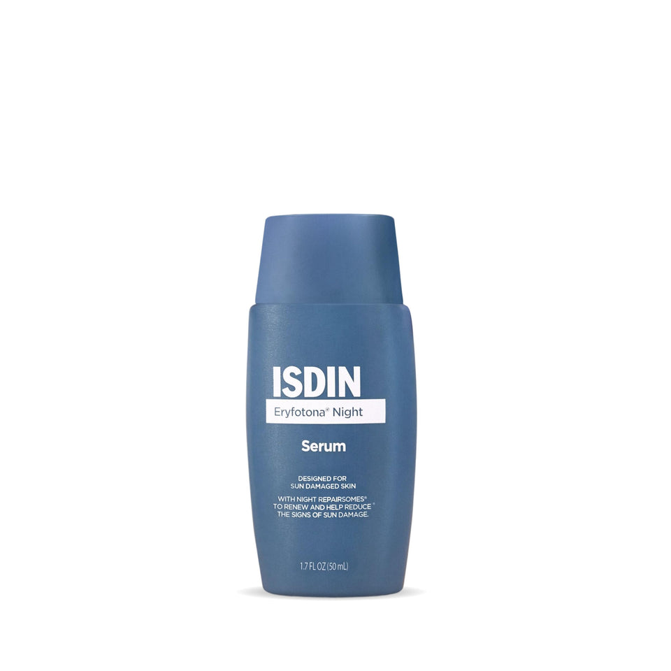 ISDIN Eryfotona Night serum bottle highlighting Night Repairsomes for repairing sun damage.