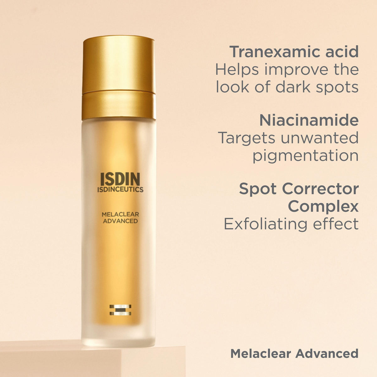 ISDIN Melaclear Advanced daily-use routine image hints at calm, radiant skin.