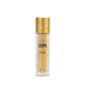 ISDIN Melaclear Advanced serum bottle close-up targeting dark spots for even skin tone.