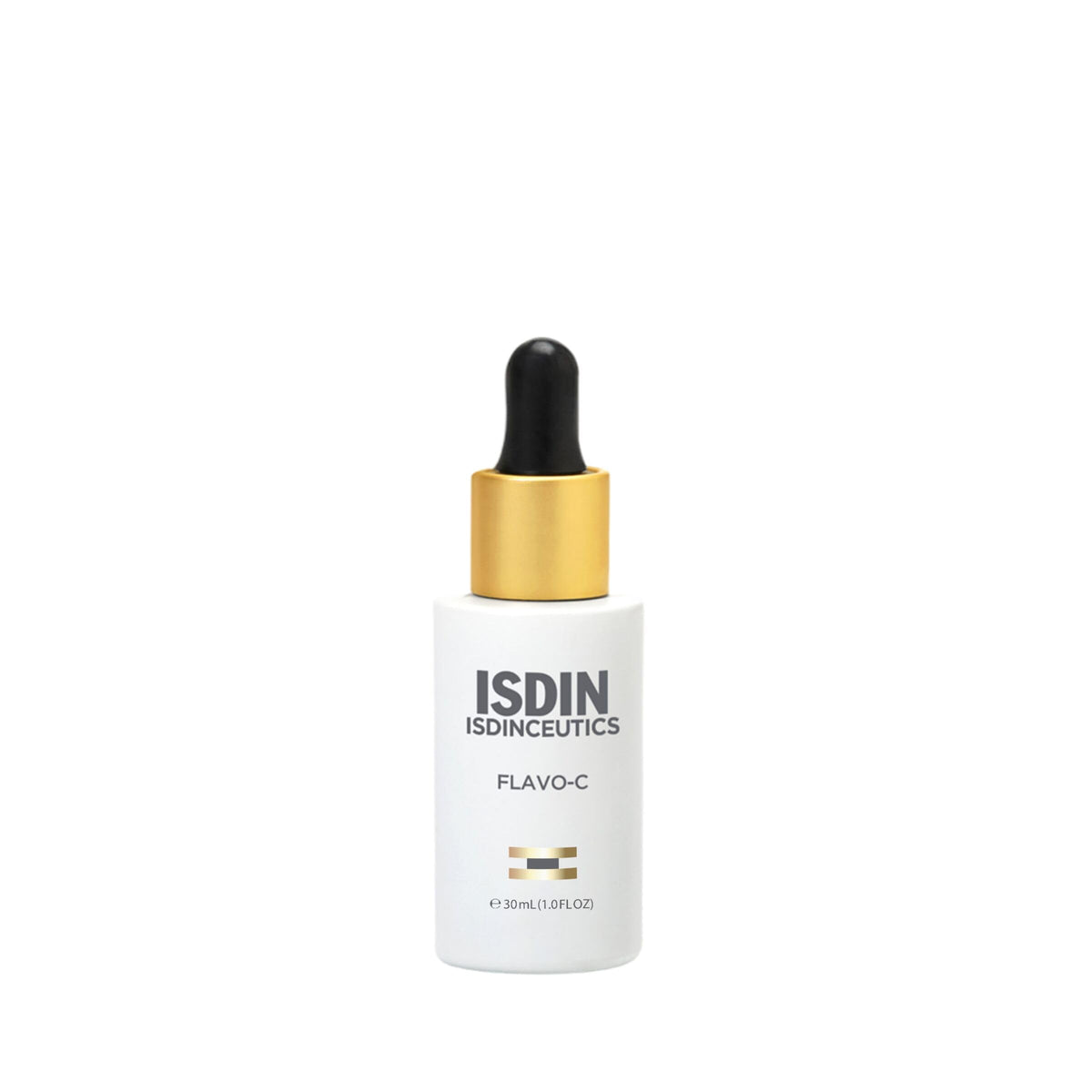 ISDIN Flavo-C serum bottle close-up; promotes a brighter, even-toned complexion.