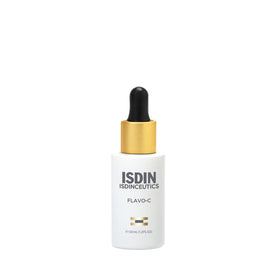 ISDIN Flavo-C serum bottle close-up; promotes a brighter, even-toned complexion.