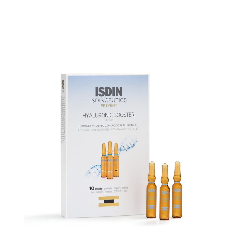 ISDIN Isdinceutics Intensive Hyaluronic Booster ampoules packaging close-up showing hydration boost