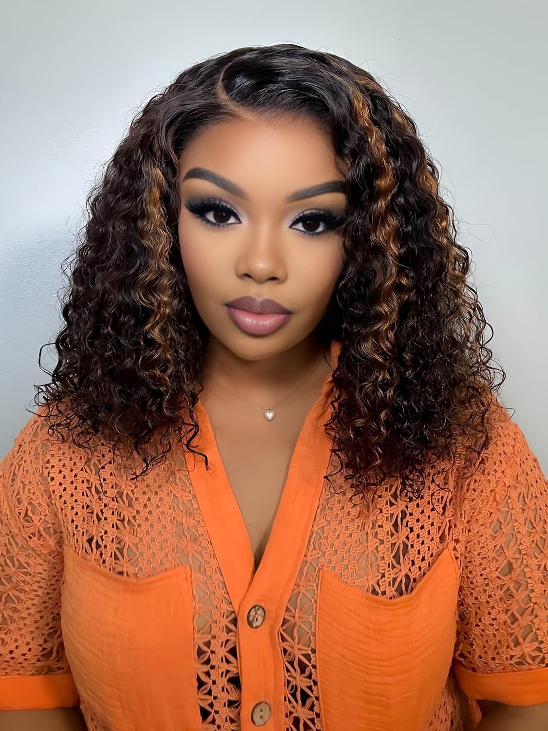 ISEE highlight curly bob wig 14-inch length with glueless wear.