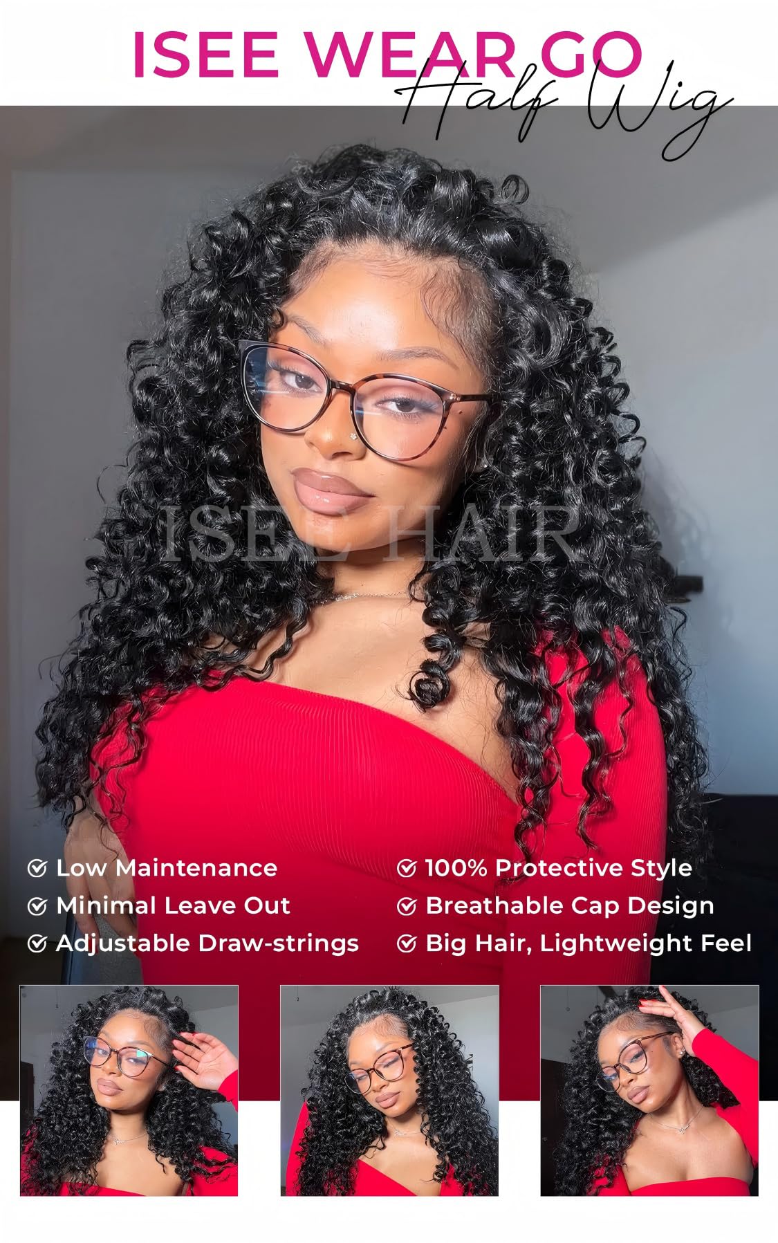 ISEE half wig water wave clip-ins demonstrate easy attachment and secure wear.