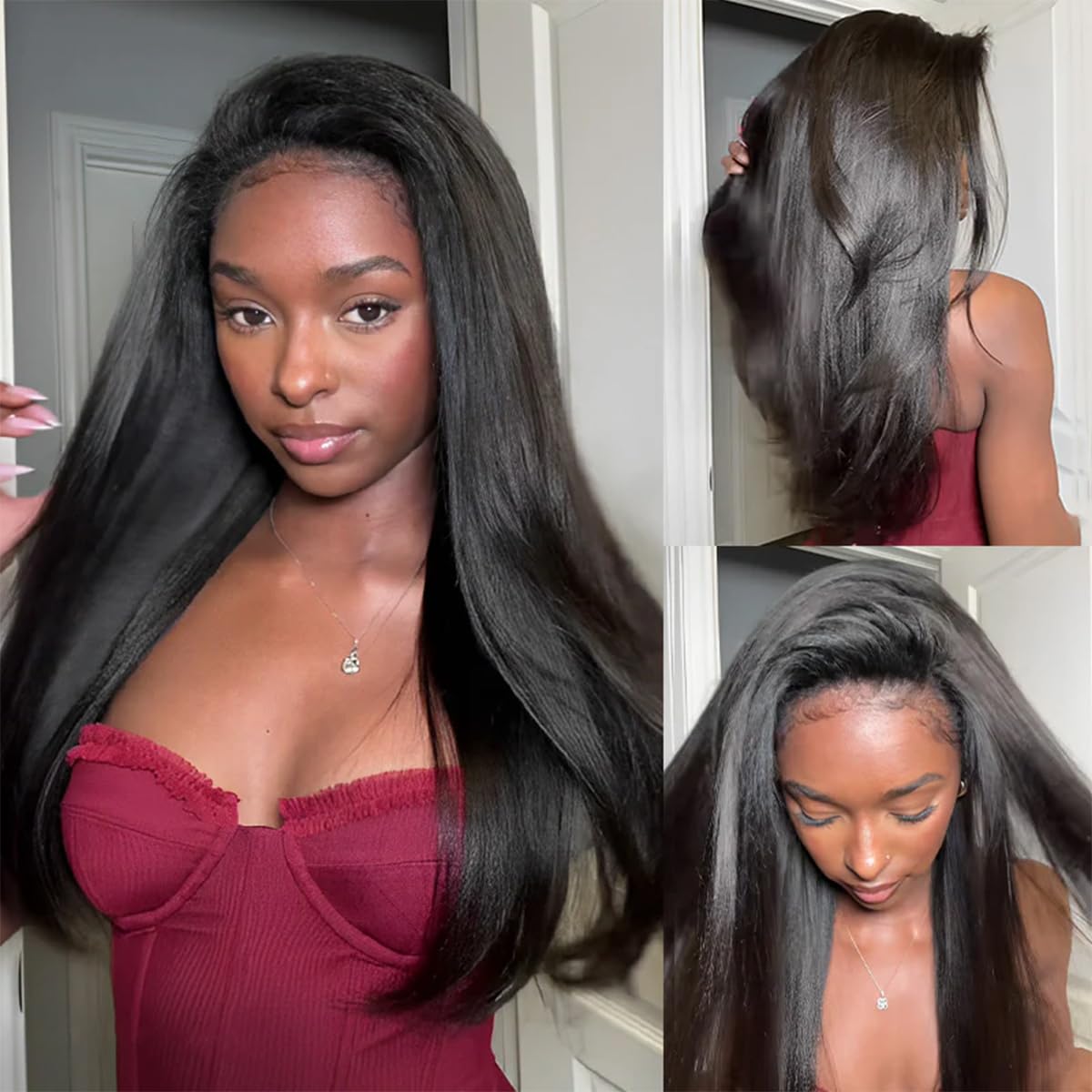 ISEE Half Wig Yaki Straight cap close-up shows natural cap and secure fit.