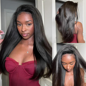 ISEE Half Wig Yaki Straight cap close-up shows natural cap and secure fit.