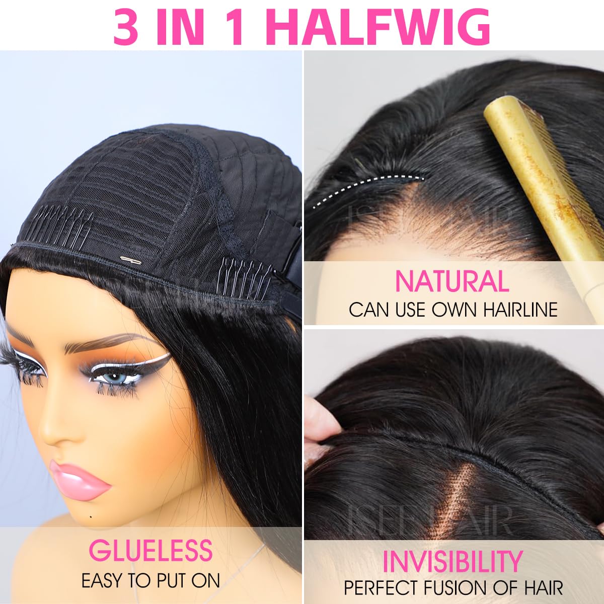 ISEE Half Wig Yaki Straight seamless clip-ins provide a secure hold during activities.