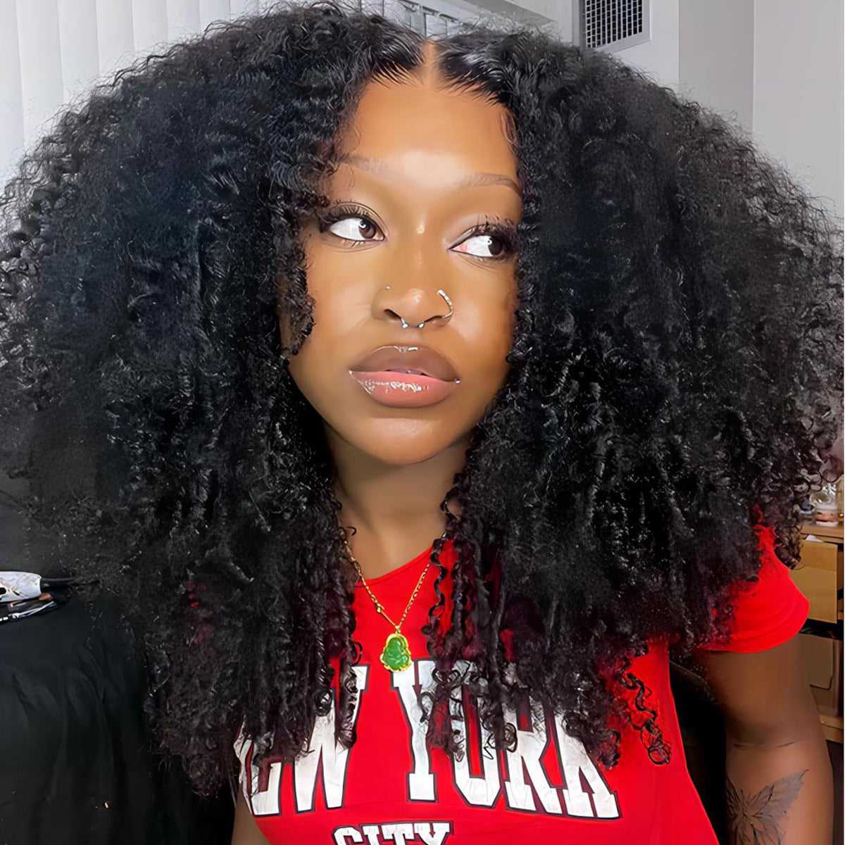 ISEE Wear and Go afro kinky curly front view wig for quick, natural-looking styling.