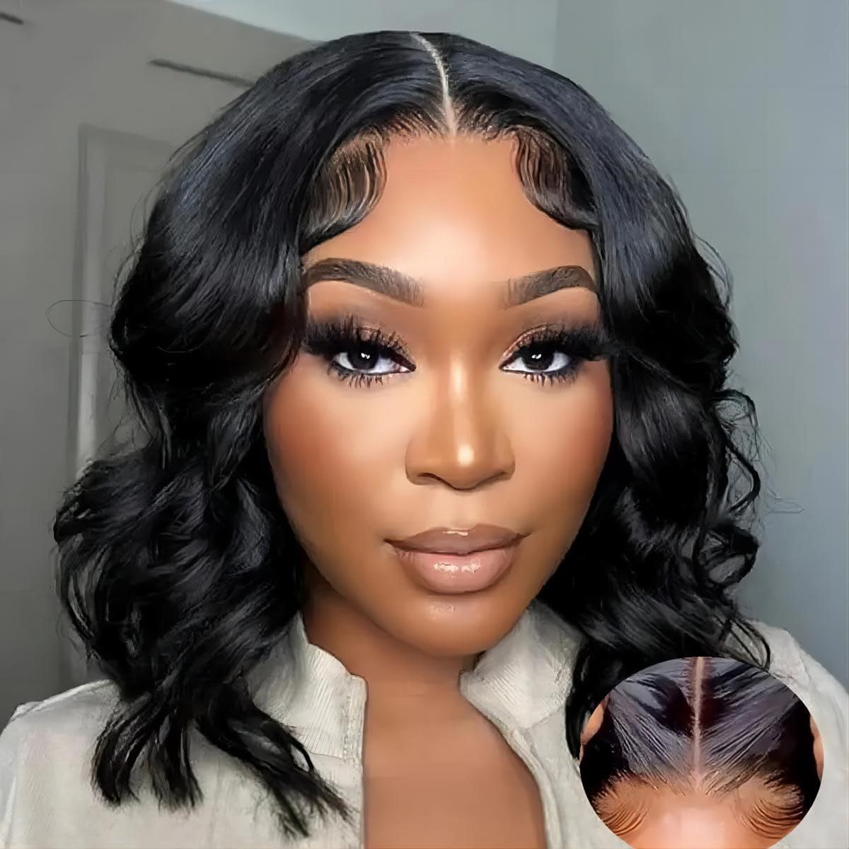 ISEE glueless wig 6x4 HD lace closure shows side part blending with skin.