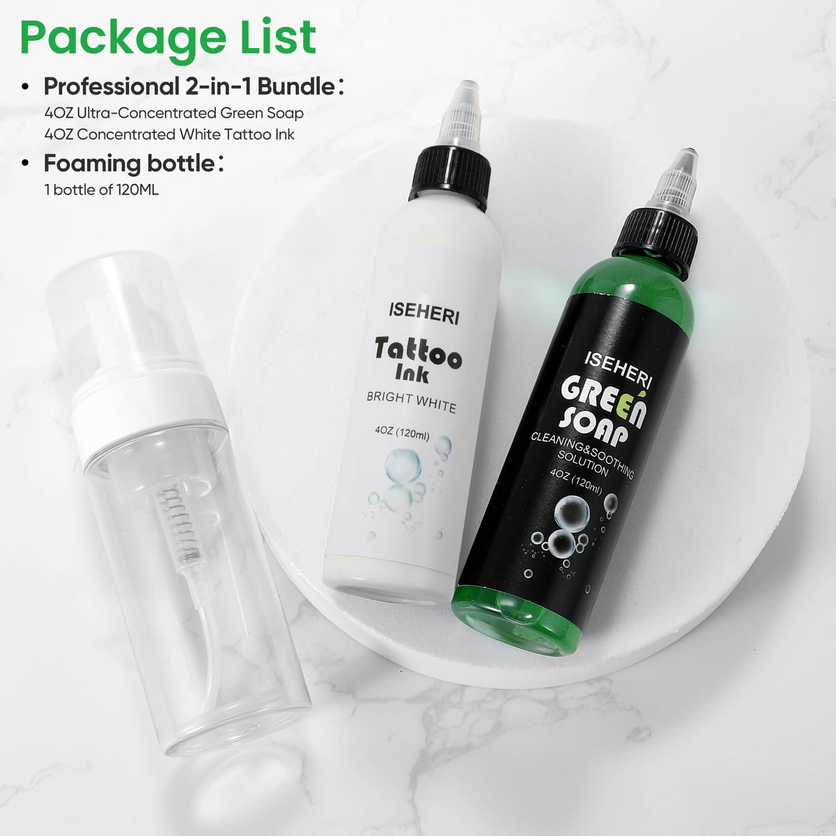 ISEHERI green soap foaming bottle demonstrates gentle skin prep and cleansing.