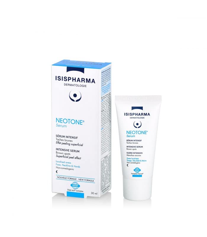 IsisPharma NEOTONE Attack night serum bottle supports even skin tone.
