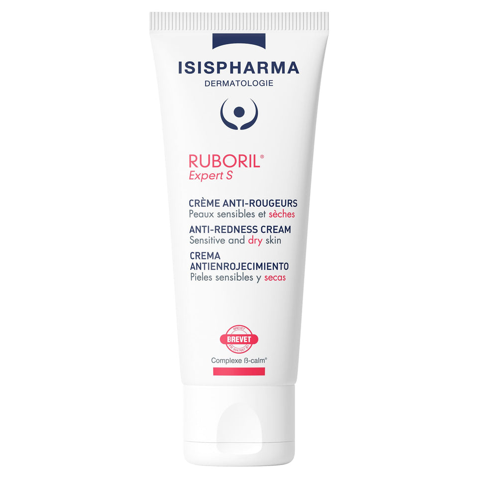 IsisPharma Ruboril Expert S anti-redness cream bottle close-up, lightweight formula for sensitive skin.