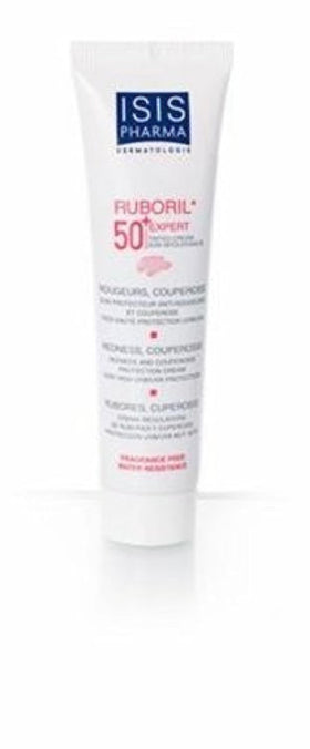 IsisPharma Ruboril Expert SPF 50+ bottle with tinted anti-redness formula for sensitive skin