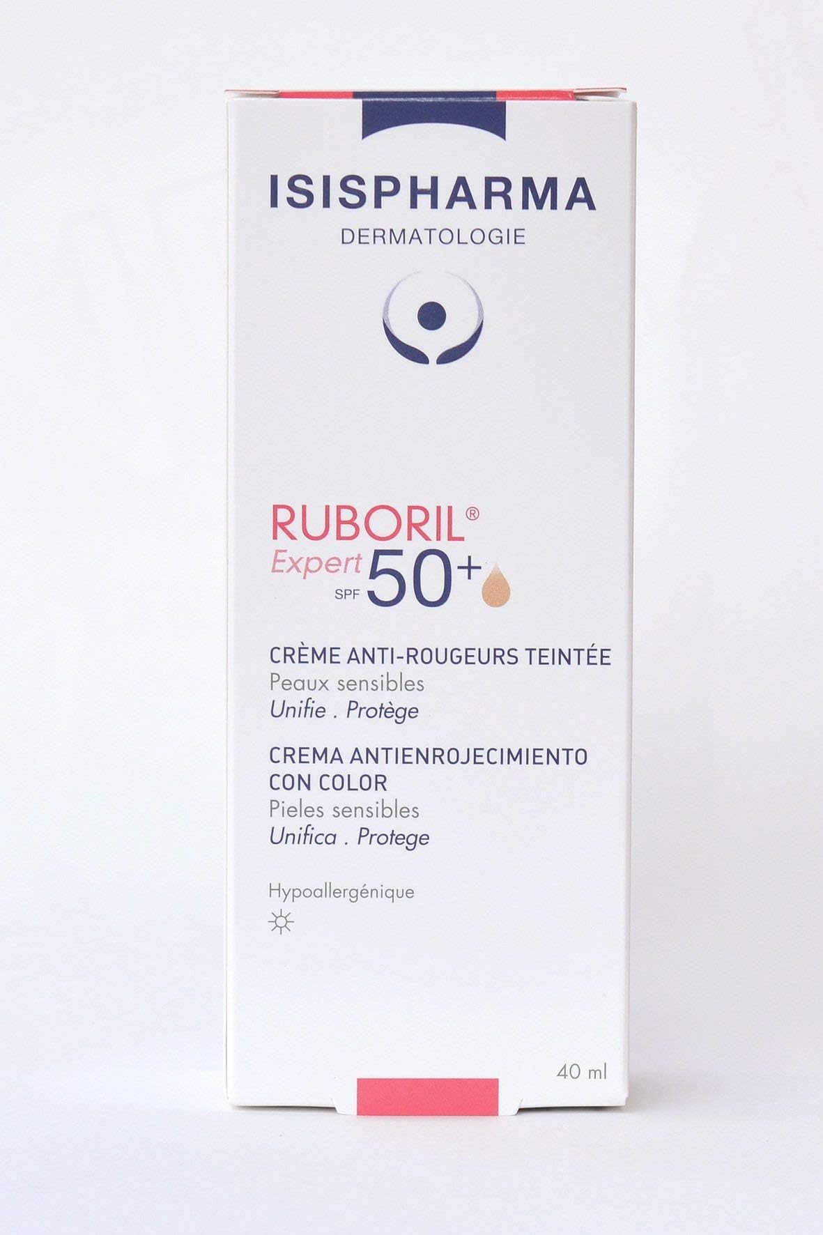 IsisPharma Ruboril Expert SPF 50+ swatch showing light coverage and matte finish