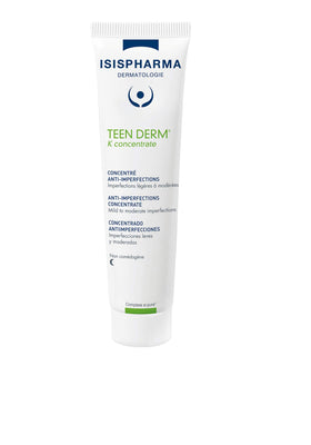 IsisPharma Teen Derm K Concentrate bottle shows lightweight serum for clearer, matte skin.