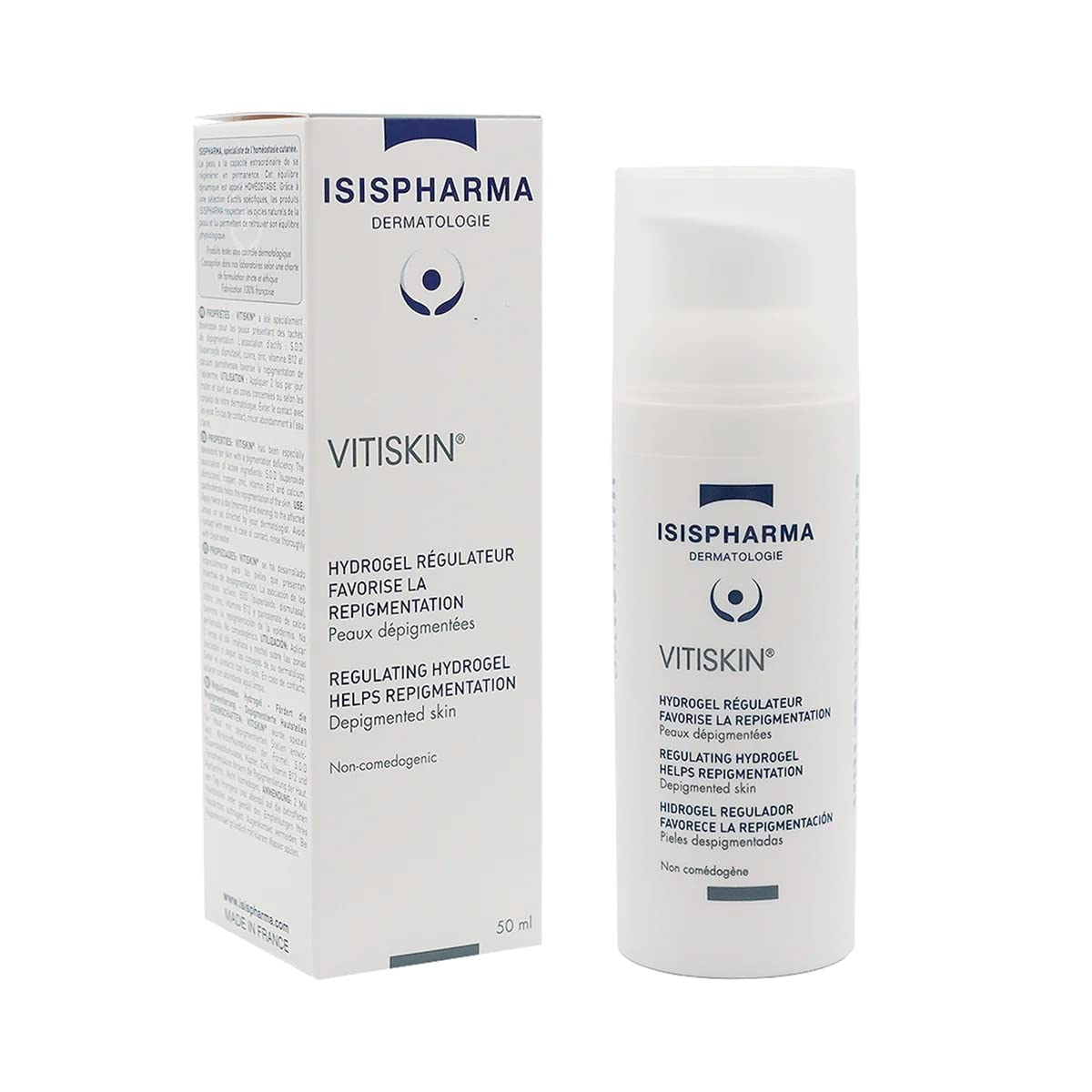 IsisPharma Vitiskin hydrogel bottle application supports targeted depigmentation.