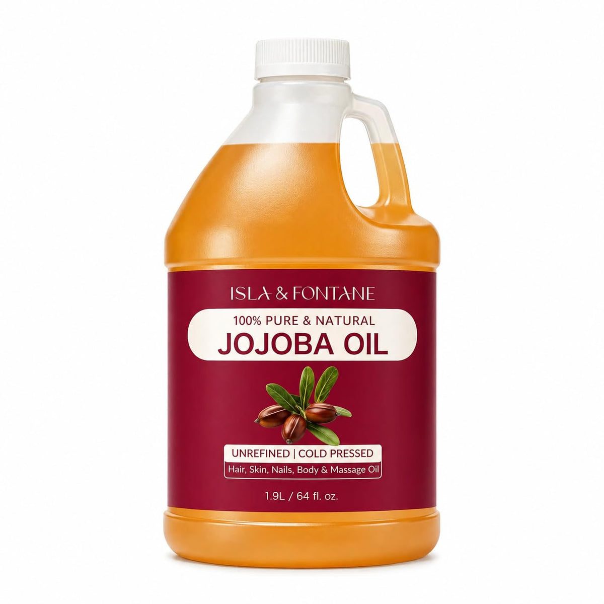 ISLA & FONTANE Jojoba Oil bottle-64oz shows golden hue and quick skin hydration.
