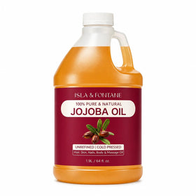 ISLA & FONTANE Jojoba Oil bottle-64oz shows golden hue and quick skin hydration.