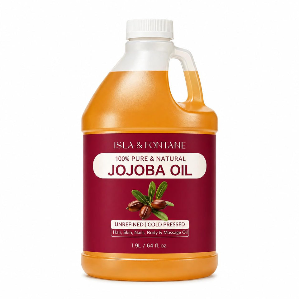 ISLA & FONTANE Jojoba Oil bottle-64oz shows golden hue and quick skin hydration.