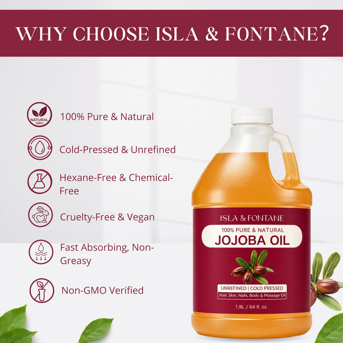 ISLA & FONTANE Jojoba Oil bulk-64oz highlights golden color and long-lasting moisture for skin.