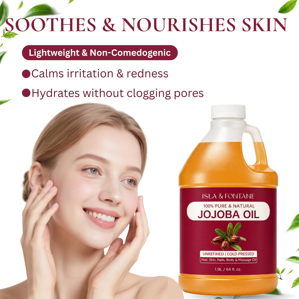 ISLA & FONTANE Jojoba Oil hair-care image shows frizz control and shine.